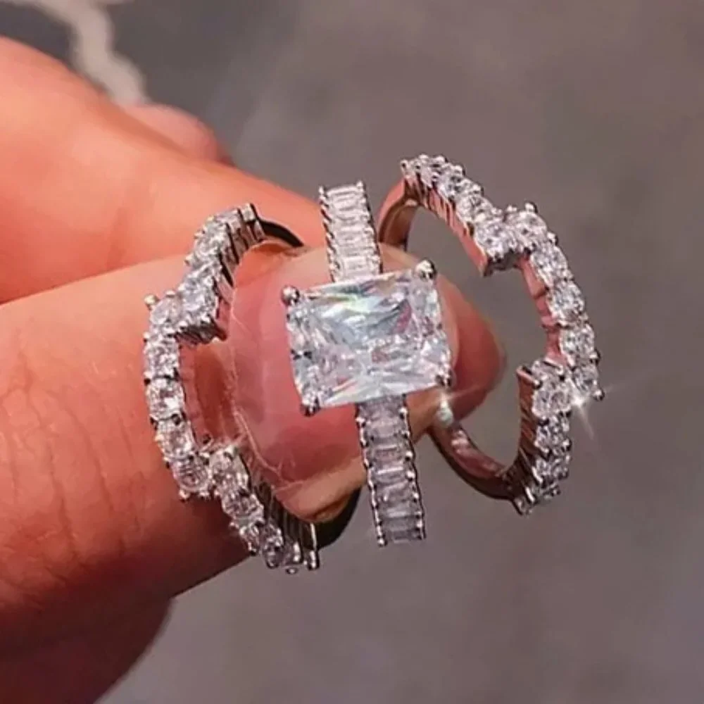 😍3pcs/set Engagement Radiant Cut Silver Wedding Ring Set for Women, L259